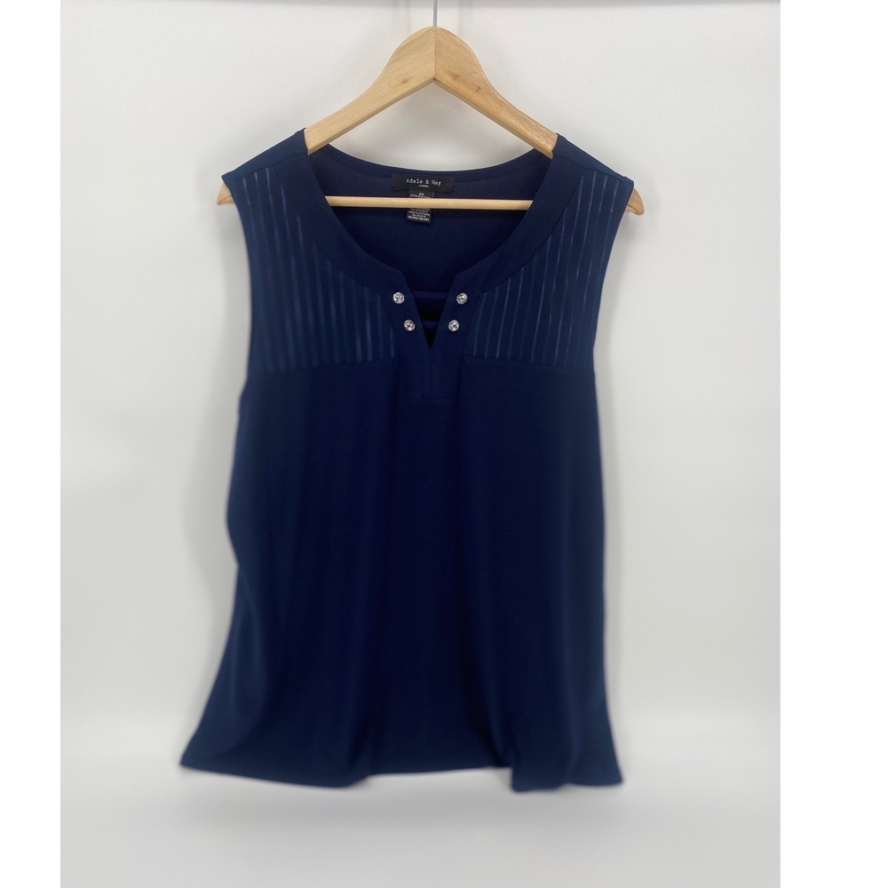 Adele & May Sleeveless Top Woman 2X Navy Blue Excellent Rhinestone Split Neck